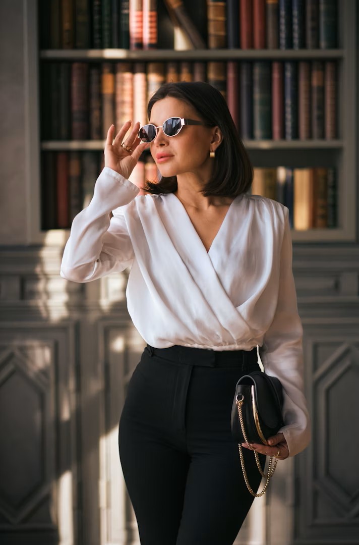Confident woman standing in city street, symbolizing aging gracefully
